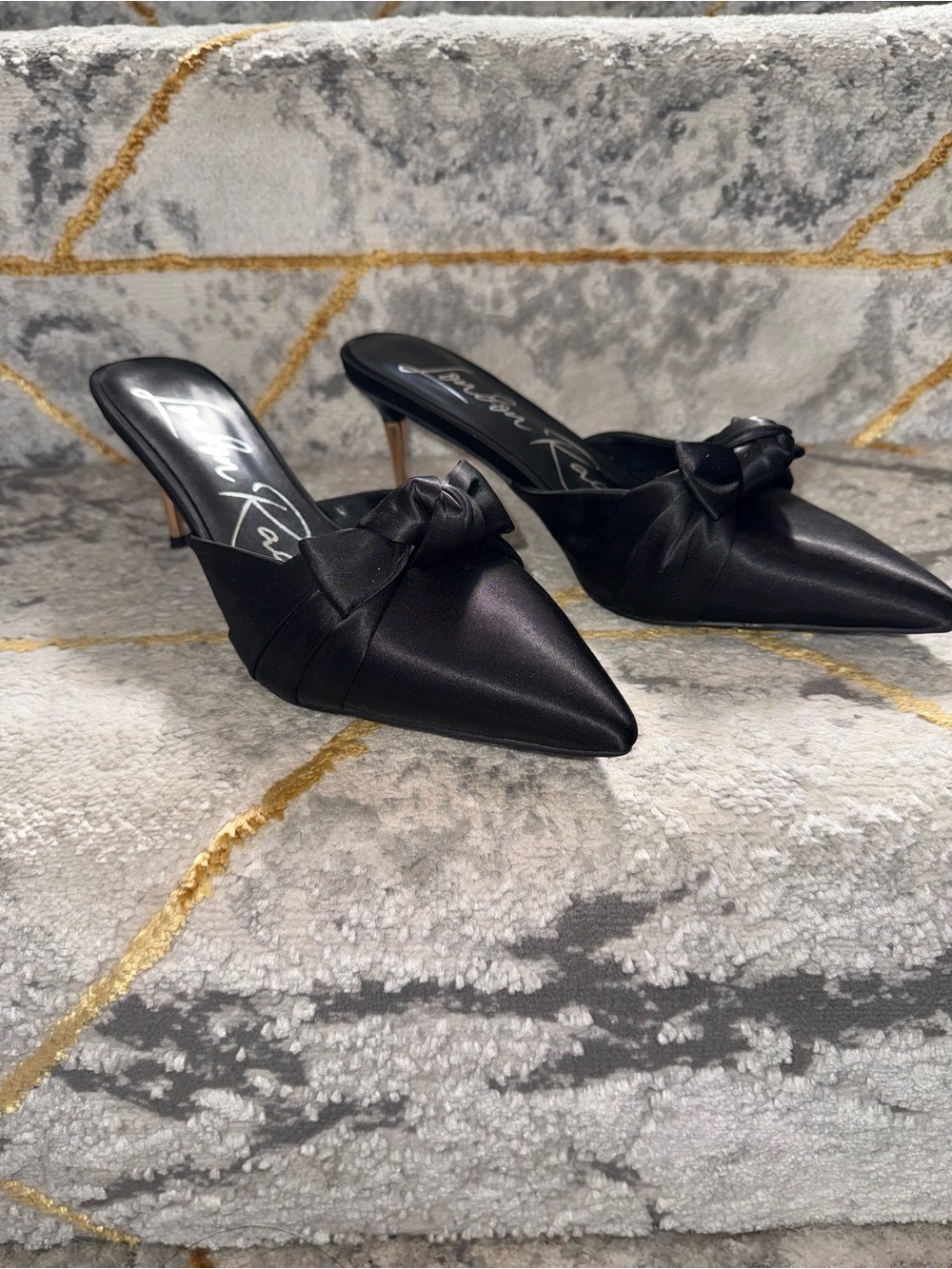 Black Satin Pointed Toe Knot Slide Mule Heels - Picture 2 of 5